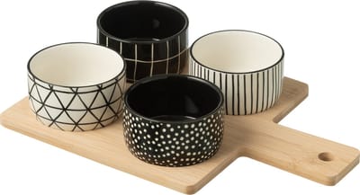 J-Line tapasplank 4 kommen + bambouschaal In Doos - keramiek/hout - wit/zwart