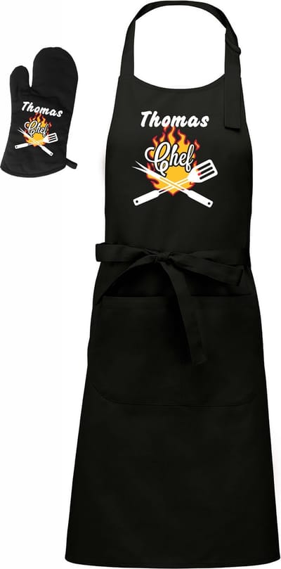 Mijncadeautje - Barbecueschort - Chef met voornaam - zwart - XXL 97 x 68 cm - gratis BBQ-handschoen