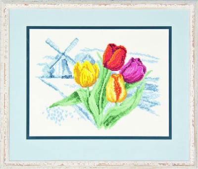 Pako Borduurpakket - telpatroon met codekaart - Hollands delftsblauw landschap met tulpen - 237.096 - voorgesorteerd garen - Aida -29 x 21 cm - DIY kit