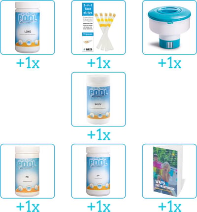 Zwembad Onderhoudspakket - Onderhoud Zwembad - bevat Chloor - Testrips - Chloordrijver - Chloor - PH-min - PH-plus en Zwembadgids (7-delig)