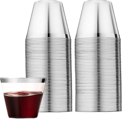 60 Stuks Plastic Bekers met Zilveren Rand, 270ml Herbruikbare Drinkbekers voor Feestjes, Elegante Glazen voor Champagne, Bier en Cocktails (9 x 7cm)