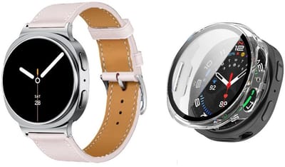 Strap-it Bundel – Leren Smartwatch Band met Gespsluiting (Roze) + Hard Case met Screenprotector Glas (Transparant) geschikt voor Samsung Galaxy Watch 8 (40mm)