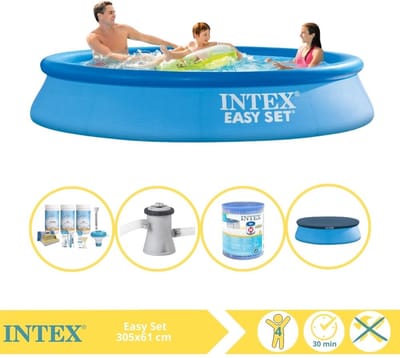 Intex Rond Opblaasbaar Easy Set Zwembad - 305 x 61 cm - Blauw - Inclusief Afdekzeil - Onderhoudspakket - Zwembadfilterpomp - Filter - 5-delig