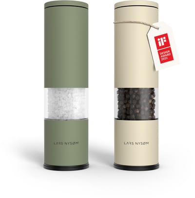 LARS NYSØM Lagom - Zout en Pepermolen Set (2 stuks) - Keramisch maalwerk met Instelbare Maalgraad - Roestvrijstaalen Zoutmolen Pepermolen (Sage Green/Almond Beige)