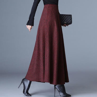 Nieuwe Winter Hoge Taille Grote Paraplu Rok Retro Midi Lengte Ruit Heupbedekkend Temperament Wollen Rok voor Dames 3XL black