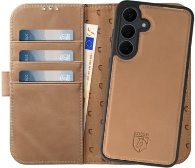 Rosso Elite Hoesje Geschikt voor Samsung Galaxy S24 FE | Compatibel met MagSafe | Book Case en Back Cover | Magnetisch Uitneembaar | Echt Leer Beschermhoes met Pasjeshouder | Lichtbruin