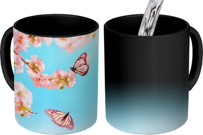 Magische Mok - Foto op Warmte Mokken - Koffiemok - Vlinders - Boom - Bloemen - Magic Mok - Beker - 350 ML - Theemok