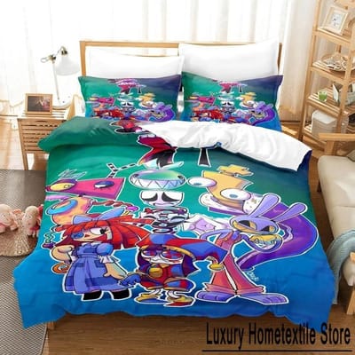 3D Printen The Amazing Digital Circus Beddengoedset Cartoon Anime driedelige set Volwassene Kind Slaapkamer Dekbedovertreksets Huishoudtextiel US Full 200x230cm
