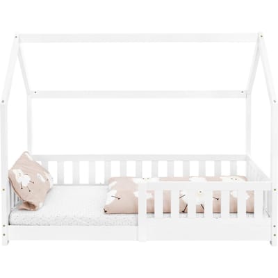 Kinderbed huisbed 80x160 cm wit gemaakt van dennenhout incl. matras H-10cm uitvalbeschermend dak en lattenbodem ML-Design