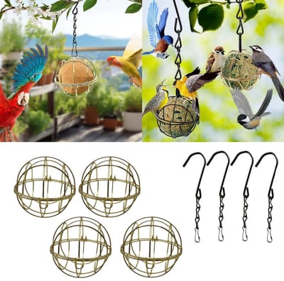 Set van 4 vogelvoeders van ijzerdraad – Hangende voederhouder voor buiten met opengewerkt ontwerp – Voederaccessoires voor wilde vogels – Bolvormige kooivoeder – Vogelvoeder voor buiten – 7 x 7 x 7 cm