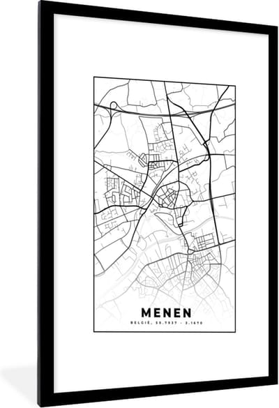 Fotolijst incl. Poster Zwart Wit- België – Menen – Stadskaart – Kaart – Zwart Wit – Plattegrond - 60x90 cm - Posterlijst