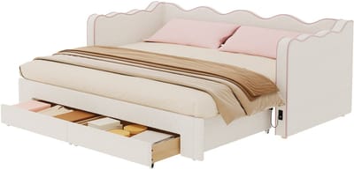 Slaapbank 90x200 cm Zonder Matras - Uittrekbaar Met 2 Laden En USB C Aansluiting - Voor Slaapkamer En Logeerkamer - Stof - Beige