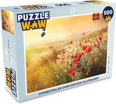 Puzzel Zonnestralen over een bos Klaprozen - Legpuzzel - Puzzel 500 stukjes