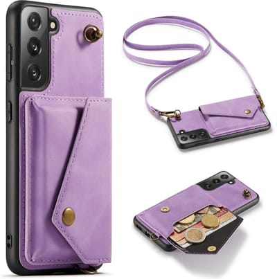 Casemania Hoesje Geschikt voor Samsung Galaxy S21 - Bright Lila - Luxe Backcover met Koord en Magnetische Sluiting - Portemonnee Wallet Case met Pasjeshouder en Opbergvak - Lanyard Telefoonhoes - Cord Case