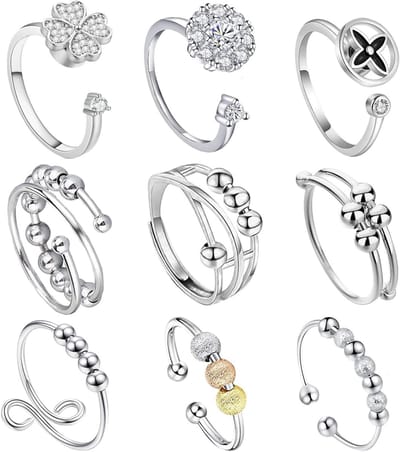 Stressverlichtende Spinner Ringen voor Vrouwen - 9 Delige Set met Verstelbare Ringen en Kralen voor Angst en Stressbeheersing