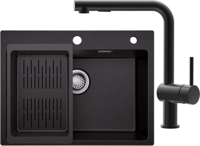 Sofetiy Max spoelbak Keuken 60x45cm Antraciet - Granieten spoelbak Met L-uitloop Keukenkraan - Spoelbakken met afdruip - Enkele spoelbak Met Afdruiprek - Antraciet
