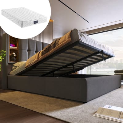 SINGULARITY-Tweepersoonsbed met draadloos opladen USB C- gestoffeerd bedframe 160x200cm- bedframe met opbergruimte lattenbodem grijs met matras