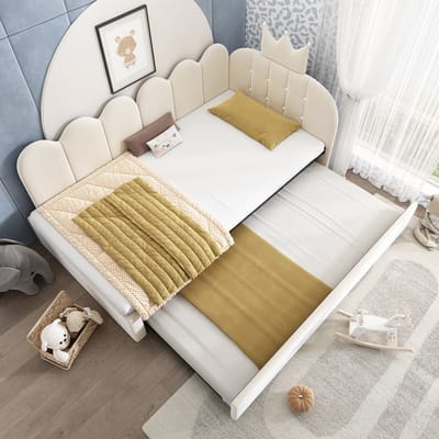 Slaapbank van 90x200 cm met uitschuifbaar bed, eenpersoonsbed van 90x190 cm, logeerbed, L-vormig, fluweel, beige, kroonvormig rasterpatroon, schattig kroon- en rasterpatroon, ruimtebesparend voor kinderkamers, logeerkamers, exclusief matras