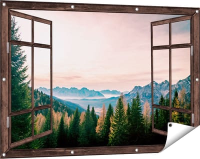 Gards Tuinposter Doorkijk Bos met Bomen bij Bergen Landschap - 120x80 cm - Tuindoek - Tuindecoratie - Wanddecoratie buiten - Tuinschilderij