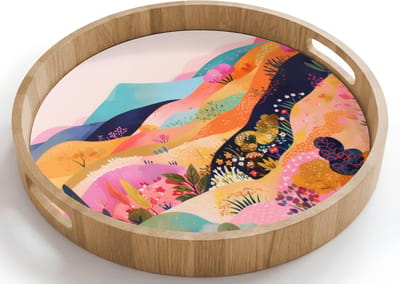 Dienblad rond 40x40 cm - Schootdienblad hout - Golvende heuvels - Abstracte planten - Dromerig - Borrelplank rechthoek - Plateau houten dienbladen