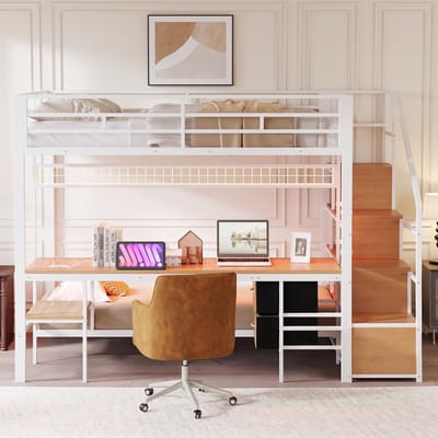 VVBV Ruimtebesparende Hoogslaper 140x200 cm + 90x200 cm - Opbergruimte, Lades, LED-Verlichting, Bureau - Metaal Wit