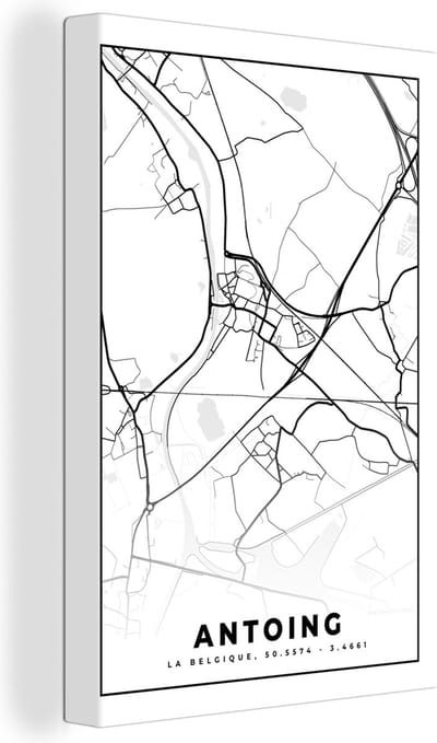 Canvas Schilderij Kaart – Plattegrond – Stadskaart – Antoing – België – Zwart Wit - 20x30 cm - Wanddecoratie