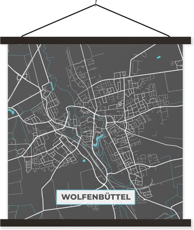 Posterhanger incl. Poster 60x60 cm - Schoolplaat - Plattegrond – Wolfenbüttel – Blauw – Stadskaart – Kaart - Duitsland - Textielposter - Zwarte latten - Stadskaart