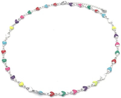 Ketting met Hartjes - RVS - Lengte 39-44 cm - Zilverkleurig en Multicolor – valentijn – cadeau
