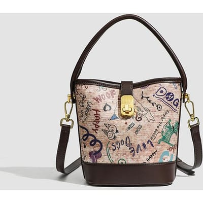 Lente en Zomer Contrasterende Letters Graffiti Kleine Bucket Bag Textuur Handtas Tas Modieuze One-shoulder Crossbody Dames Tas gray
