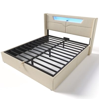 COVREO Bed 160x200 cm beige stof met LED en opbergruimte zonder matras