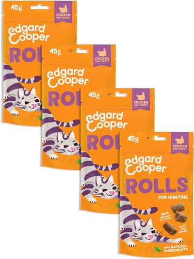 Edgard Cooper natuurlijke kattensnoepjes, Rolls Kip 4 x 45g, graanvrij en boordevol vers vlees, met toegevoegde kattenkruid om mee te spelen, natuurlijke ingrediënten zonder toegevoegde suiker