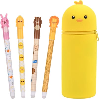 Schattige Dieren Patroon Pennenzak met 4 Uitwisbare Gelpennen, Perfect voor School en Kantoor, Ideaal Cadeau voor Jongens en Meisjes, Stationery Set