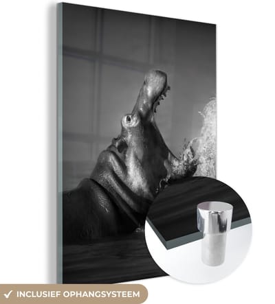 Glasschilderij - Foto op glas - Acrylglas - Dieren - Nijlpaard - Water - Zwart - Wit - Muurdecoratie - 120x160 cm - Wanddecoratie dieren - Schilderij glas