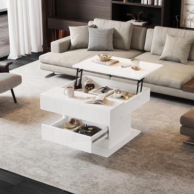Hoogglans salontafel - Koffietafel bijzettafel - Woonkamer organiseren - In hoogte verstelbaar - 70 x 70 x 45 cm - Wit