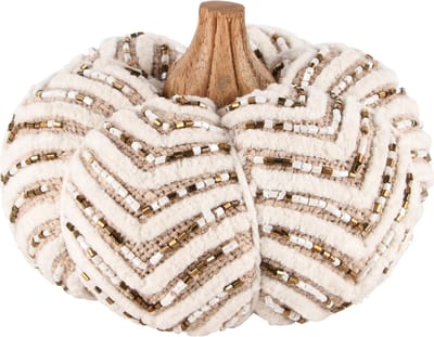 Dekoratief | Deco pompoen m/kralen, wit, stof/hout, 12x12x10cm | A248419