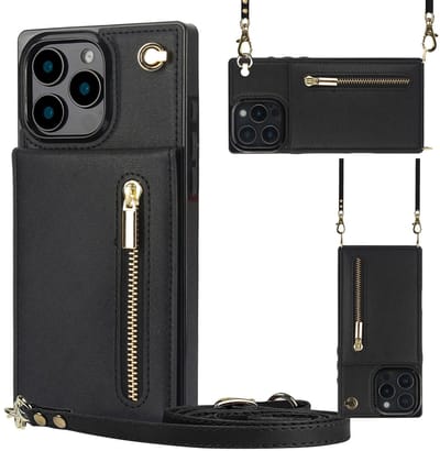 Geschikt voor iPhone 16 Pro Hoesje Met Koord - Solidenz Portemonnee - Telefoonhoesje Met Koord - Wallet Case - Cover Hoes Met Koordje - Backcover Met Koord - Zwart
