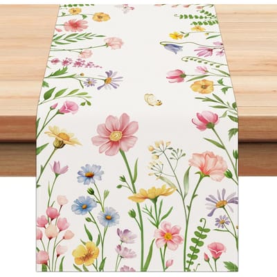 Lente Roze Bloemen Bladeren Vlinder Linnen Tafel Runner Bruiloft Feest Decoratie Zomer Bloemenplanten Tafel Runners Tafel Decoratie 150x33cm white