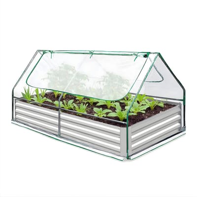 Verhoogd Tuinbed met Deksel - Voor Tuin & Buiten - Mini-Kas Plantenbak voor Groenten - Gegalvaniseerd Metaal met 2 Kijkvensters