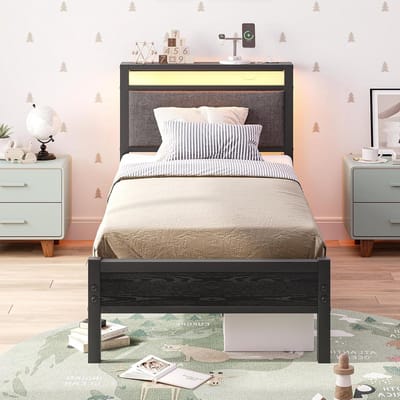Gestoffeerd Bedframe - Eenpersoonsbed - Moderne Slaapkamer - Met Led en Laadstation - 90 x 200 cm - Zwart