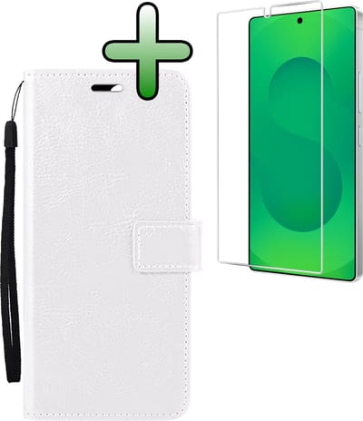Hoesje Met Screenprotector - Geschikt voor Samsung Galaxy S25 Ultra - Luxe Pasjeshouder - Bookcase Portemonee - Flip Case - Kunstleer Book Case - Flipcase - Book Cover - Walletcase - Portemonneehoes - Wit