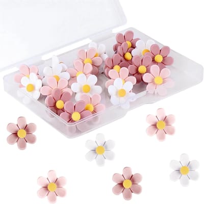 carmdering - 30 Stuks Bloemenvormige Drukknopen - Decoratieve Rekwijnpinnen - Hoogwaardig Hars + Metaal voor Kantoor/School - 30 - Wit, Roze