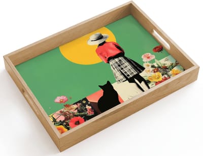 Dienblad hout 40x30 cm - Schootdienblad - Retro - Meisje - Kat - Zon - Borrelplank rechthoek - Plateau dienbladen