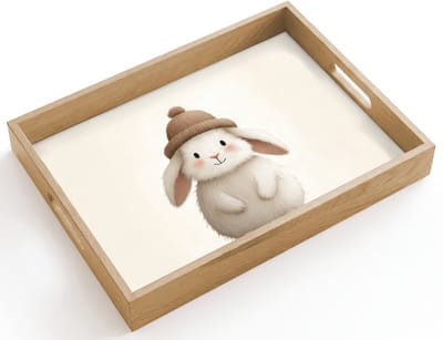Dienblad hout 40x30 cm - Schootdienblad - Konijn - Muts - Oren - Beige - Borrelplank rechthoek - Plateau dienbladen