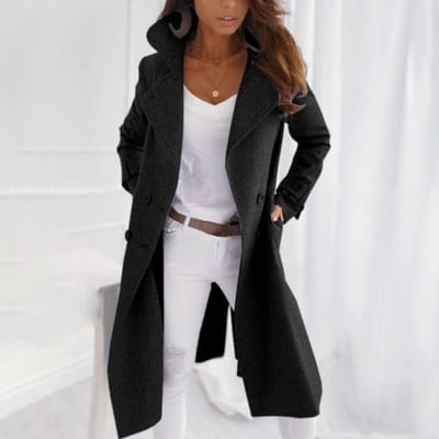 Wollen trenchcoat met volledige mouw, wollen lange overjas, dames, warme winter, dikke uitloper, kasjmier vest M black
