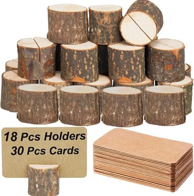 18x Houten Plaatskaarthouders met 30x Kraft Papier Kaarten - Rustieke Tafelnummerhouders voor Bruiloft en Feest