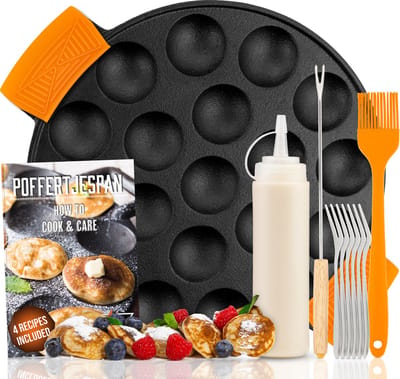 IRONO Poffertjespan Set - Incl. Doseerfles, Keervork en 6 vorkjes - Poffertjespan Inductie en Electrisch - Poffertjesmaker 19 Poffertjes - Gietijzeren Pan - Poffertjes Maken - Spuitfles