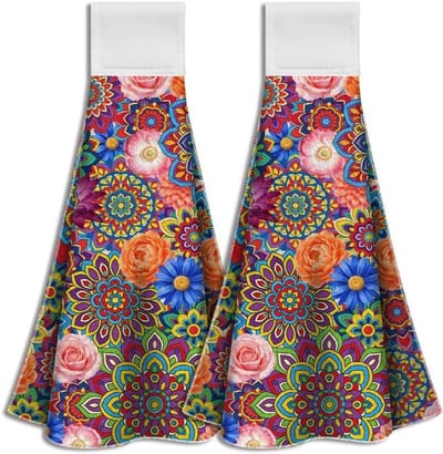 Set van 2 Boho Bloemen Hangende Handdoeken - Kleurige Microvezel Theedoeken voor Keuken, Absorberend en Decoratief Geschenken voor Koks