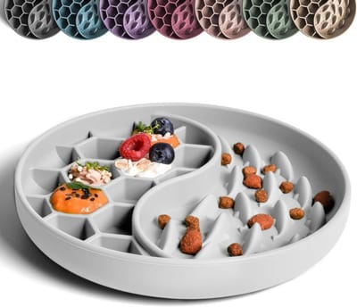 Famanu – Anti-schrokbak en likmat voor honden en katten - slow feeder met sterke zuignap - geschikt voor nat en droog voer - steengrijs