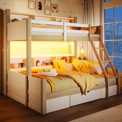 COVREO Stapelbed met ladder – 90x200/140x200 cm – Met opbergruimte en lade – Voor kinderkamer – Wit naturel - zonder matras