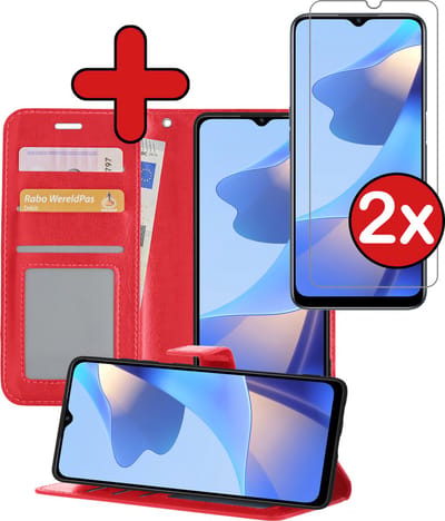 Hoesje - Met 2x Screenprotector - Geschikt voor OPPO A16s - Luxe Pasjeshouder - Flip Case - Bookcase Portemonee - Kunstleer Book Case - Flipcase Hoes - Book Cover - Walletcase - Portemonneehoes - Telefoonhoes - Rood